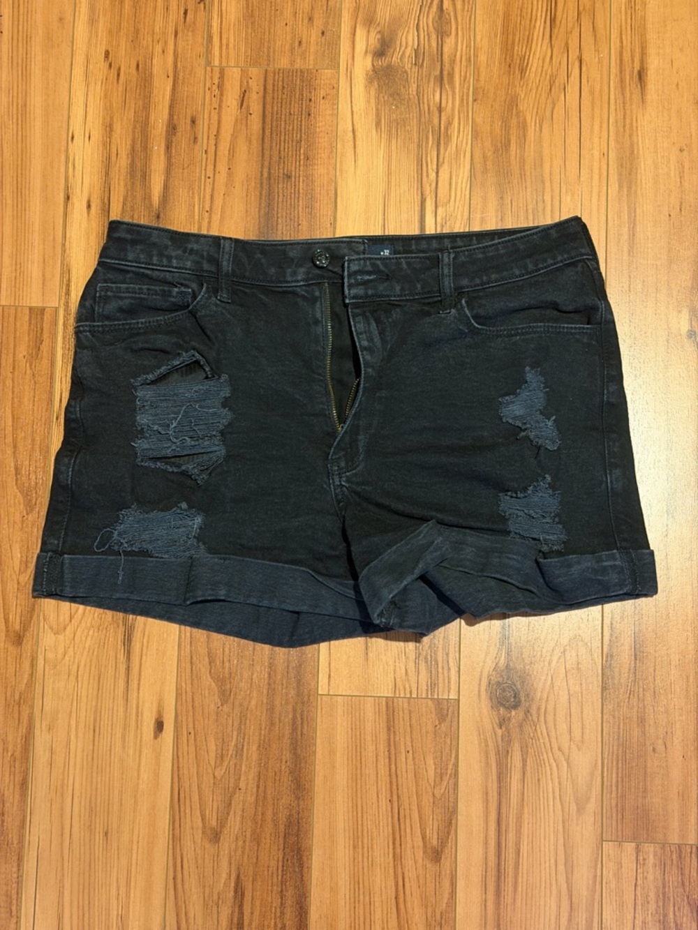 Hollister Black Distressed Roll-Cuff Denim Shorts